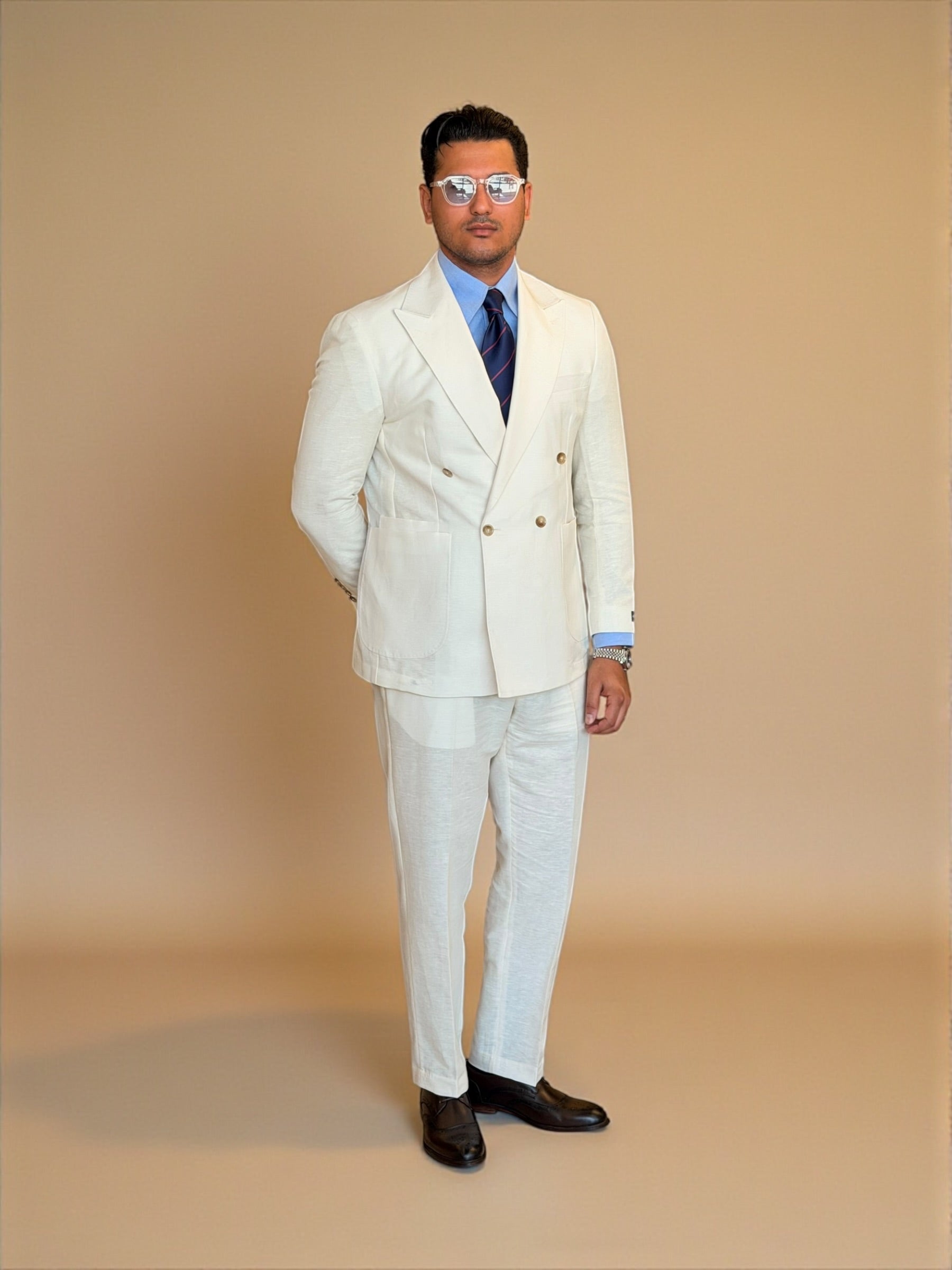 Pure linen double breasted suit - Off white