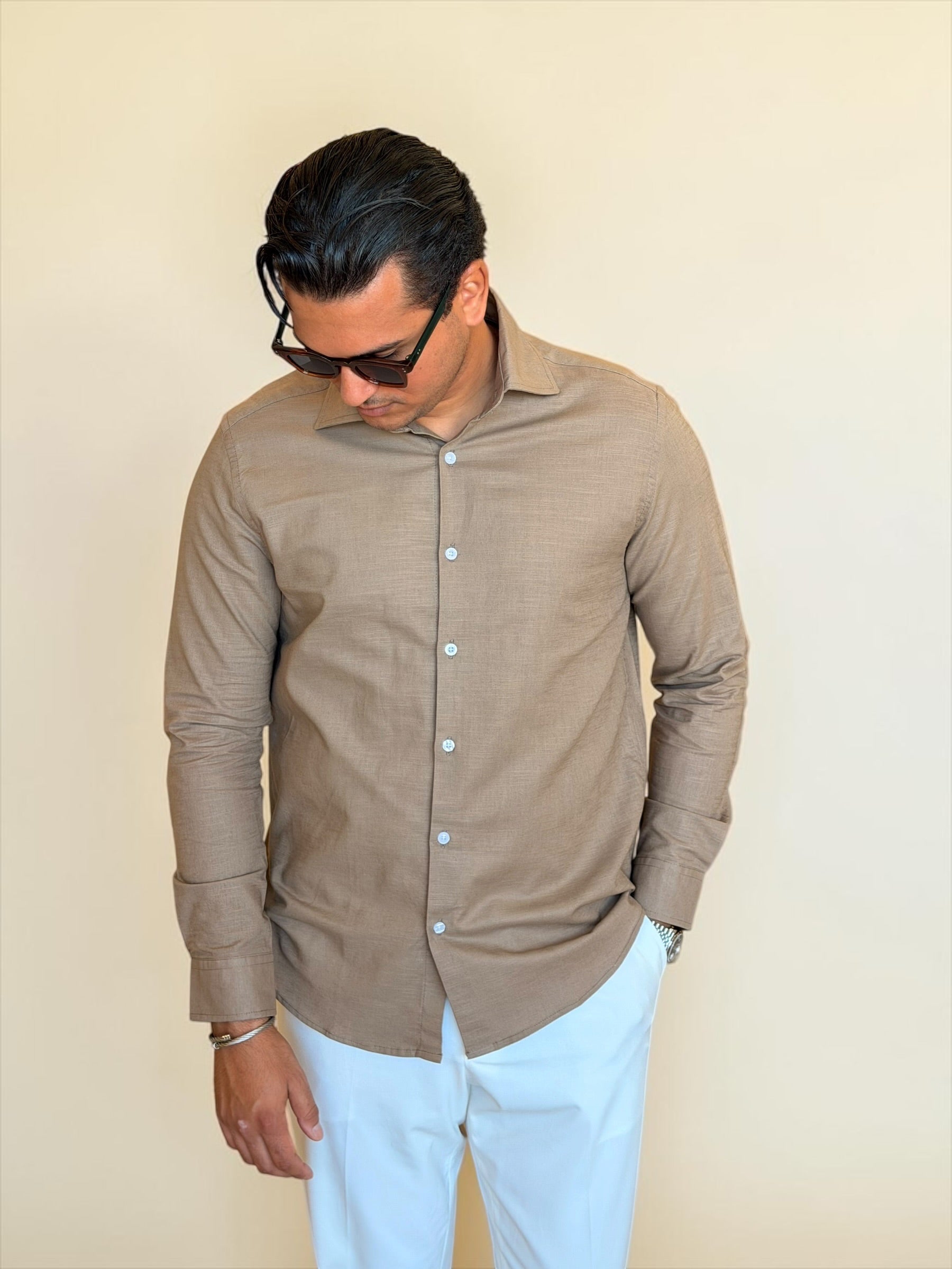 Spread collar pure linen chemise- Cacao