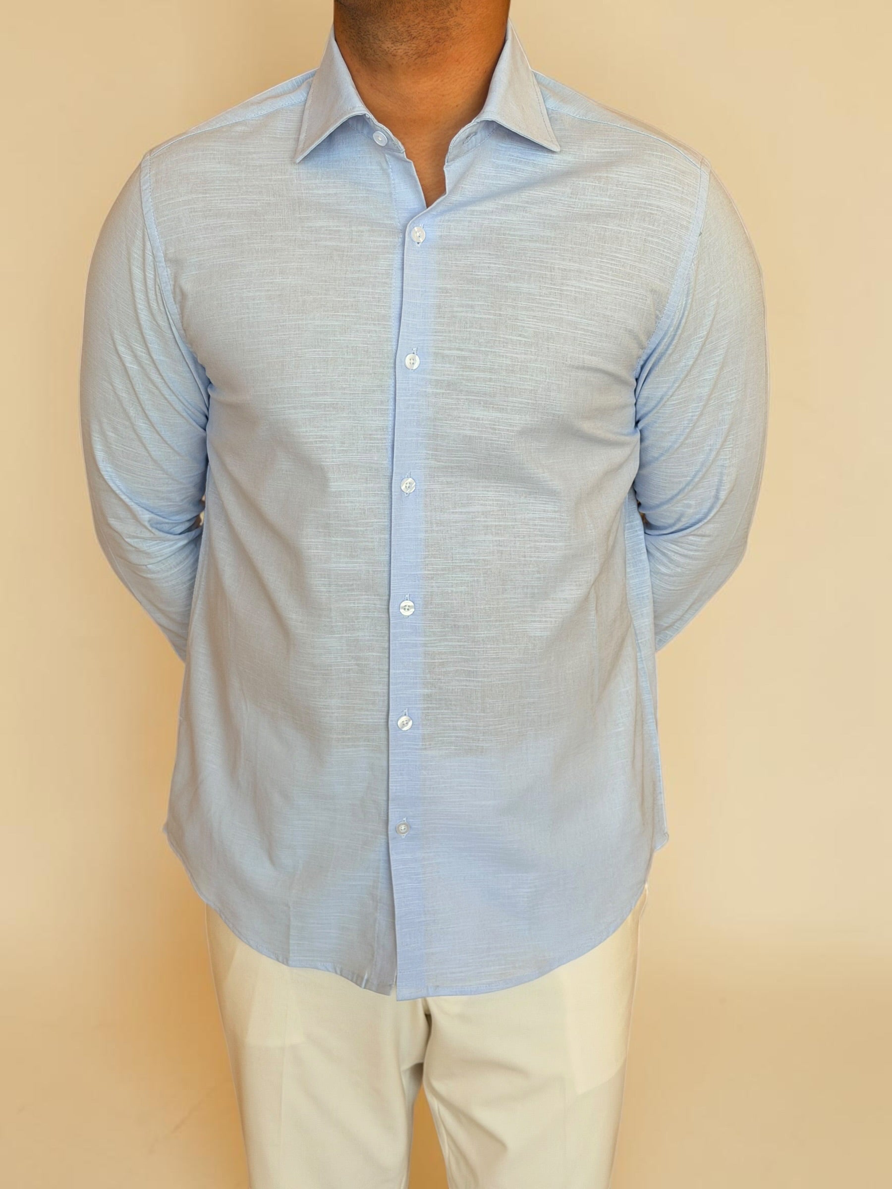 Spread collar pure linen chemise- Baby blue