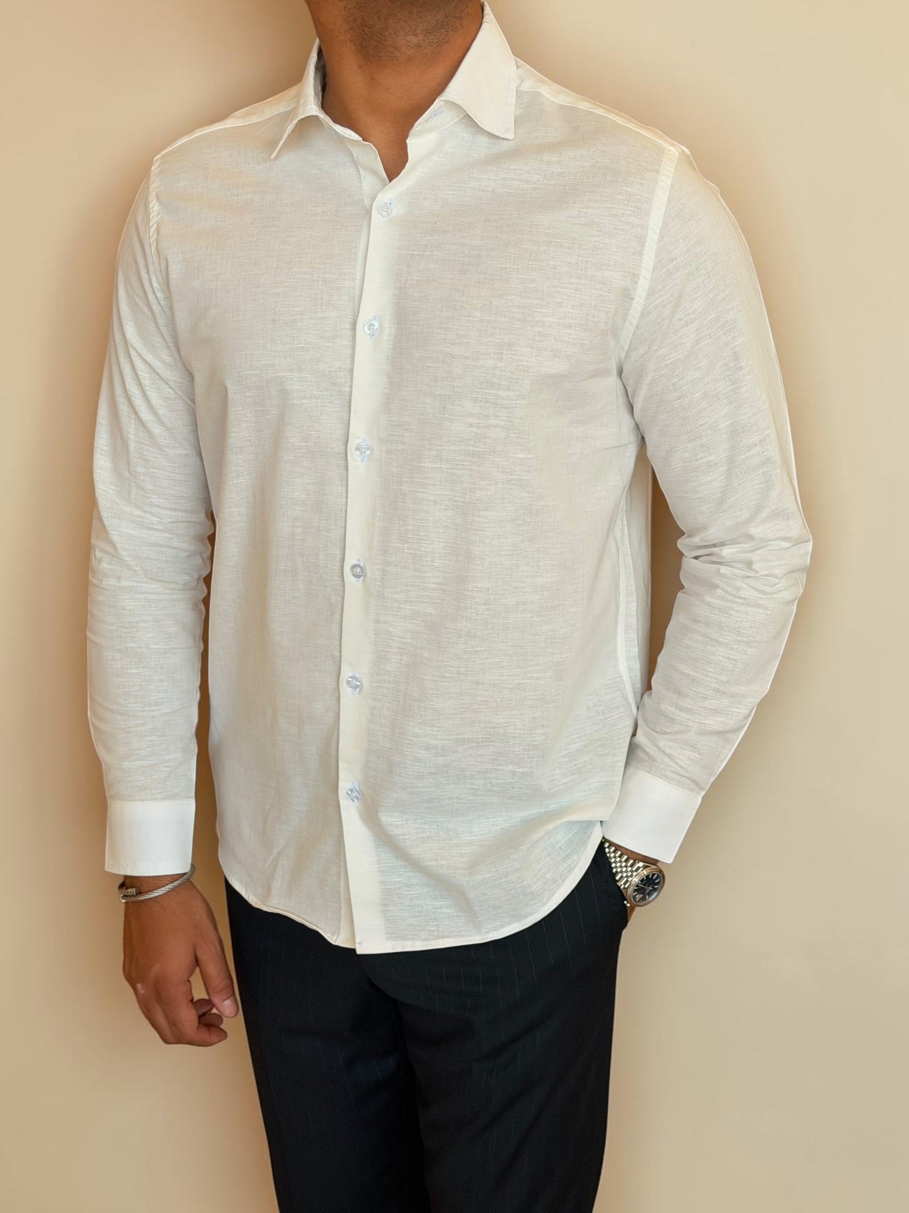 Spread collar pure linen chemise- Off white