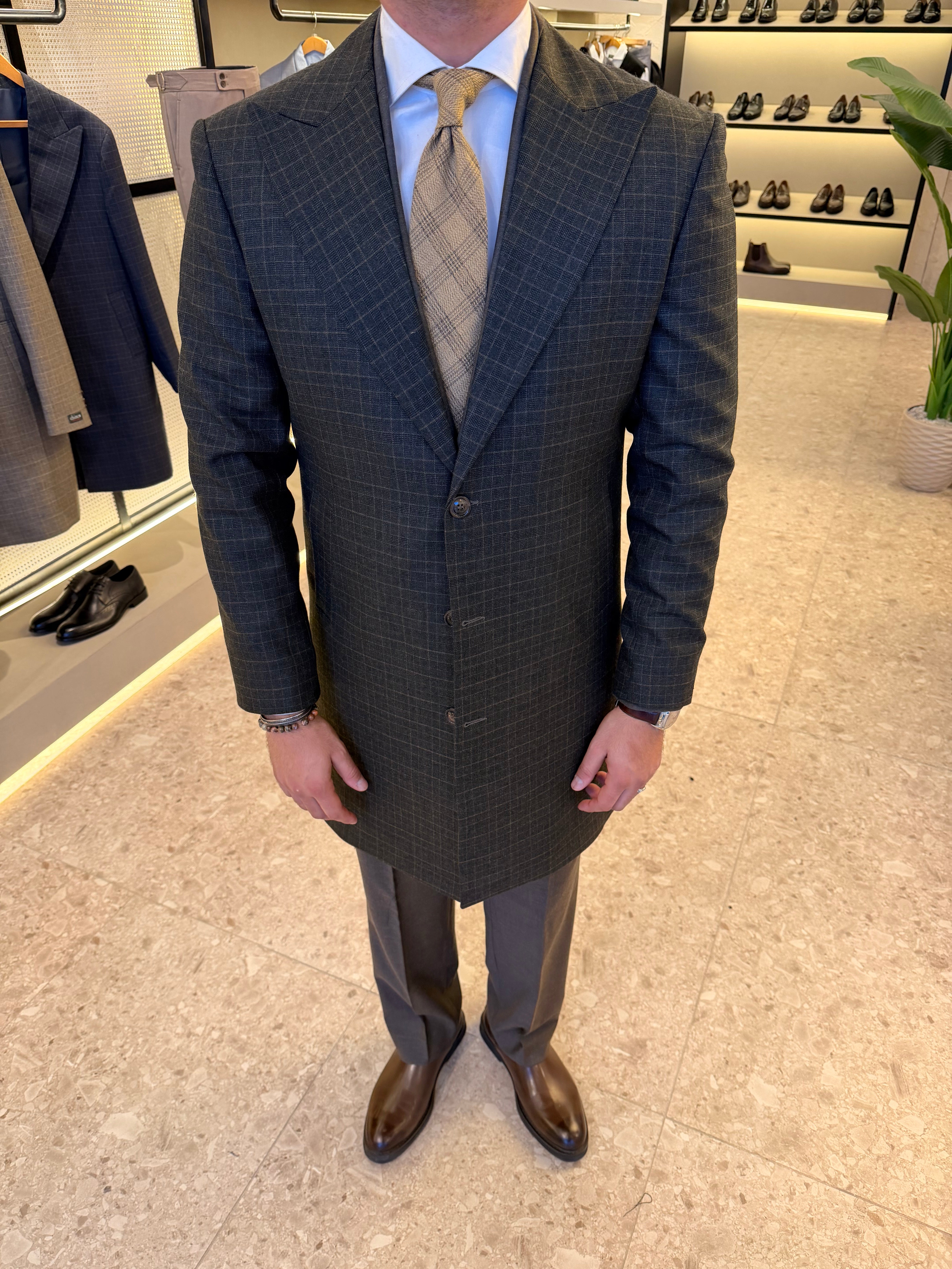 WOOL BLEND CHECKS COAT - OLIVE