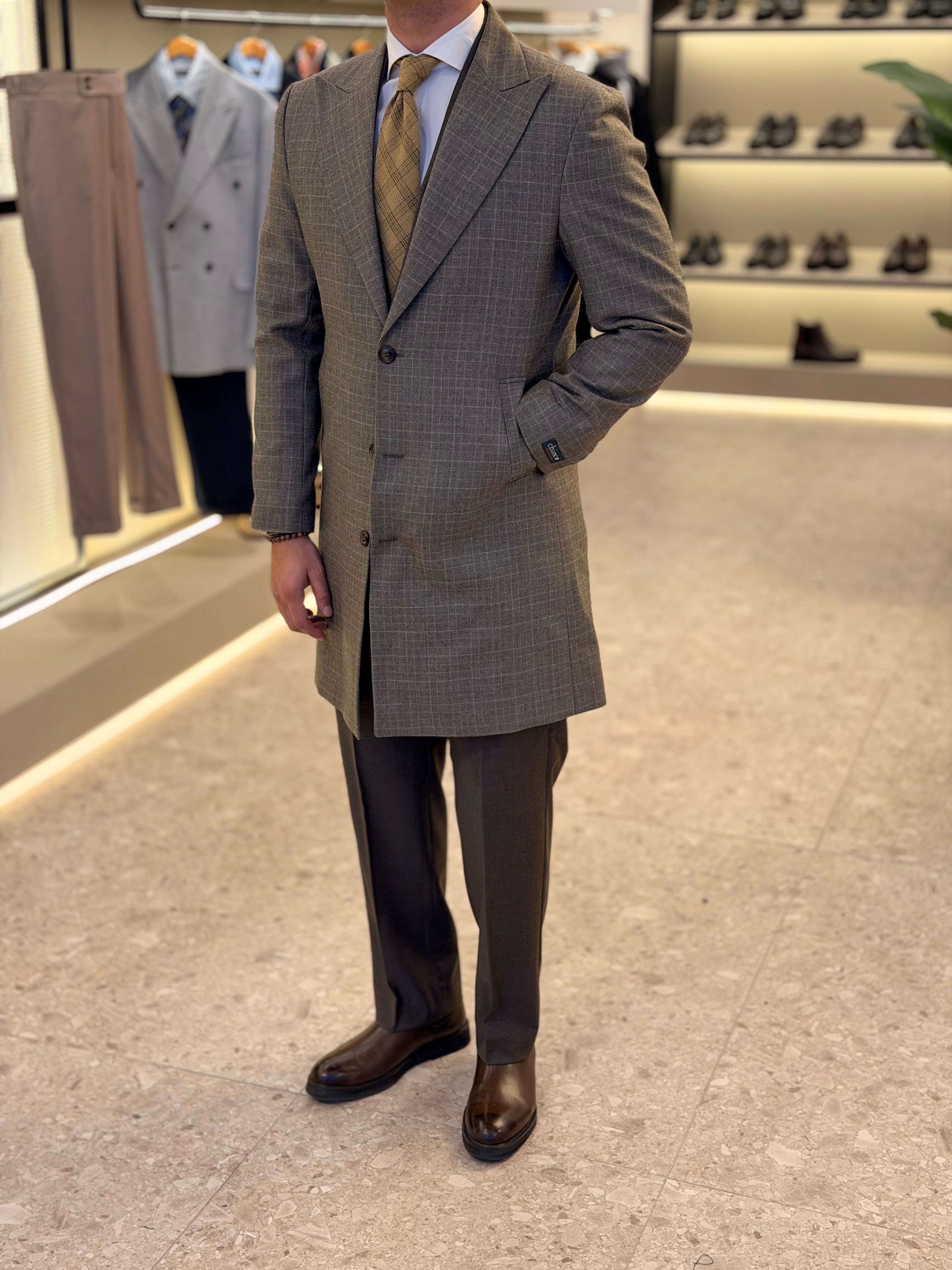 Wool blend checks coat - BROWN