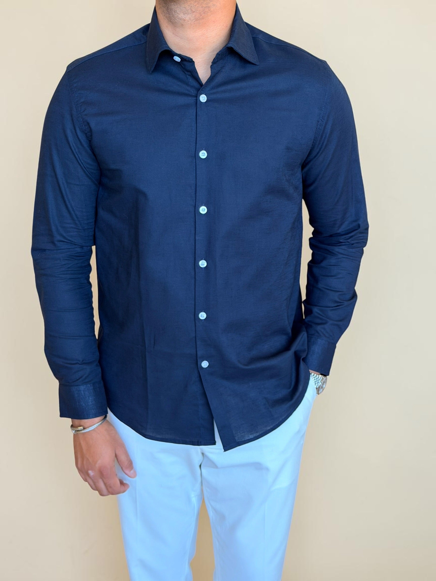 Spread collar pure linen chemise- Navy
