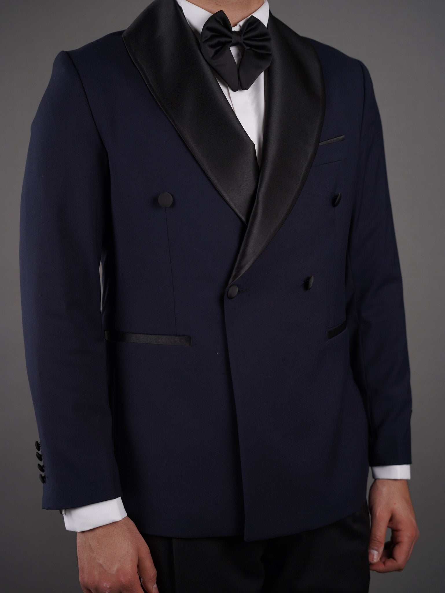 Double-Breasted Wide Shawl Collar Blazer - Navy