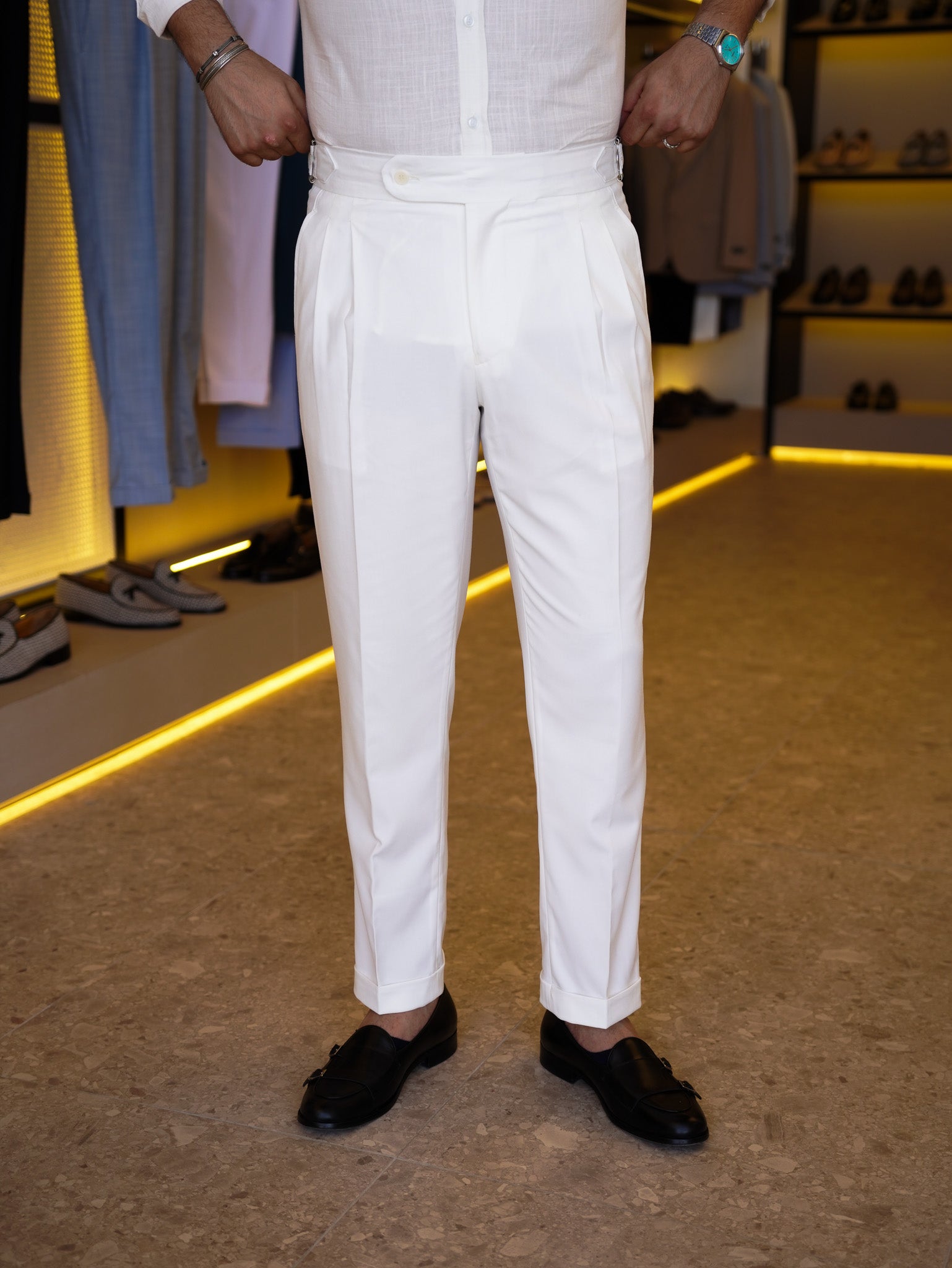 one button hight waist gurkha trousers-off white