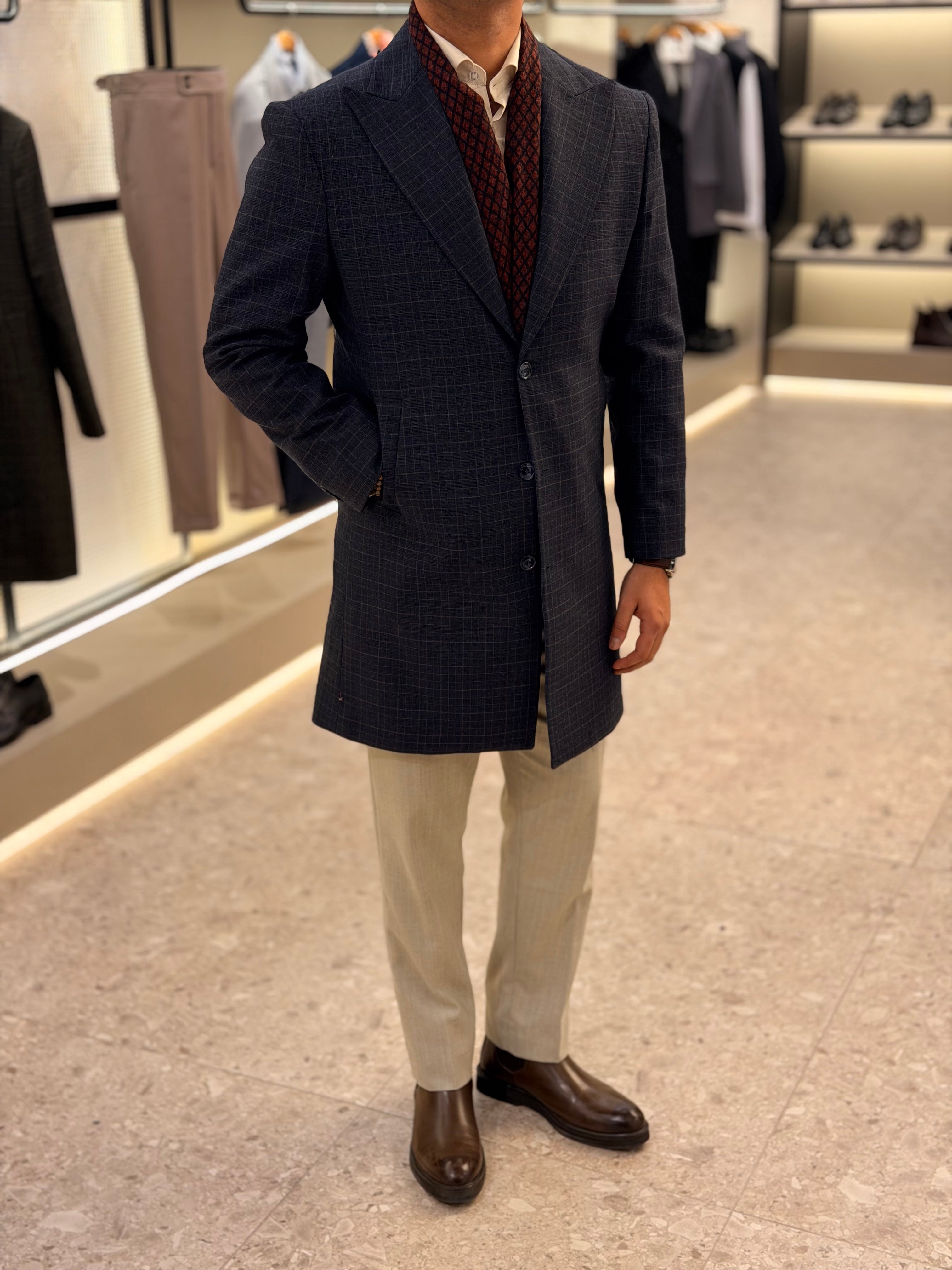 Wool blend checks coat - Navy