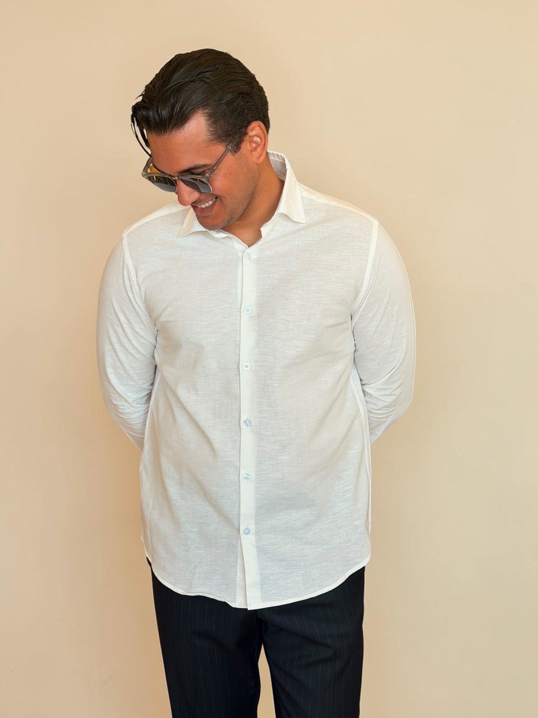 Spread collar pure linen chemise- Off white
