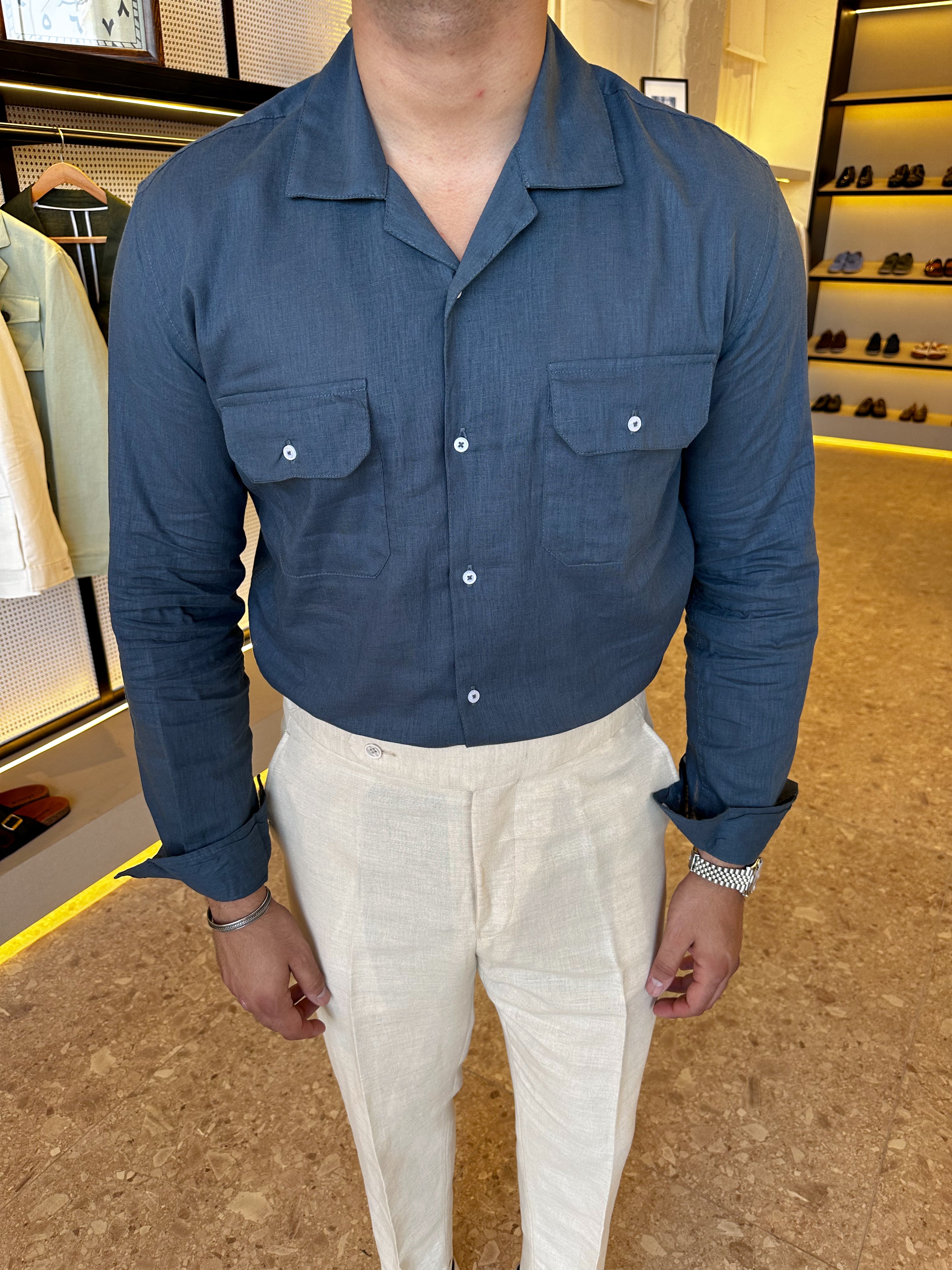 Safari pure linen chemise - petrol