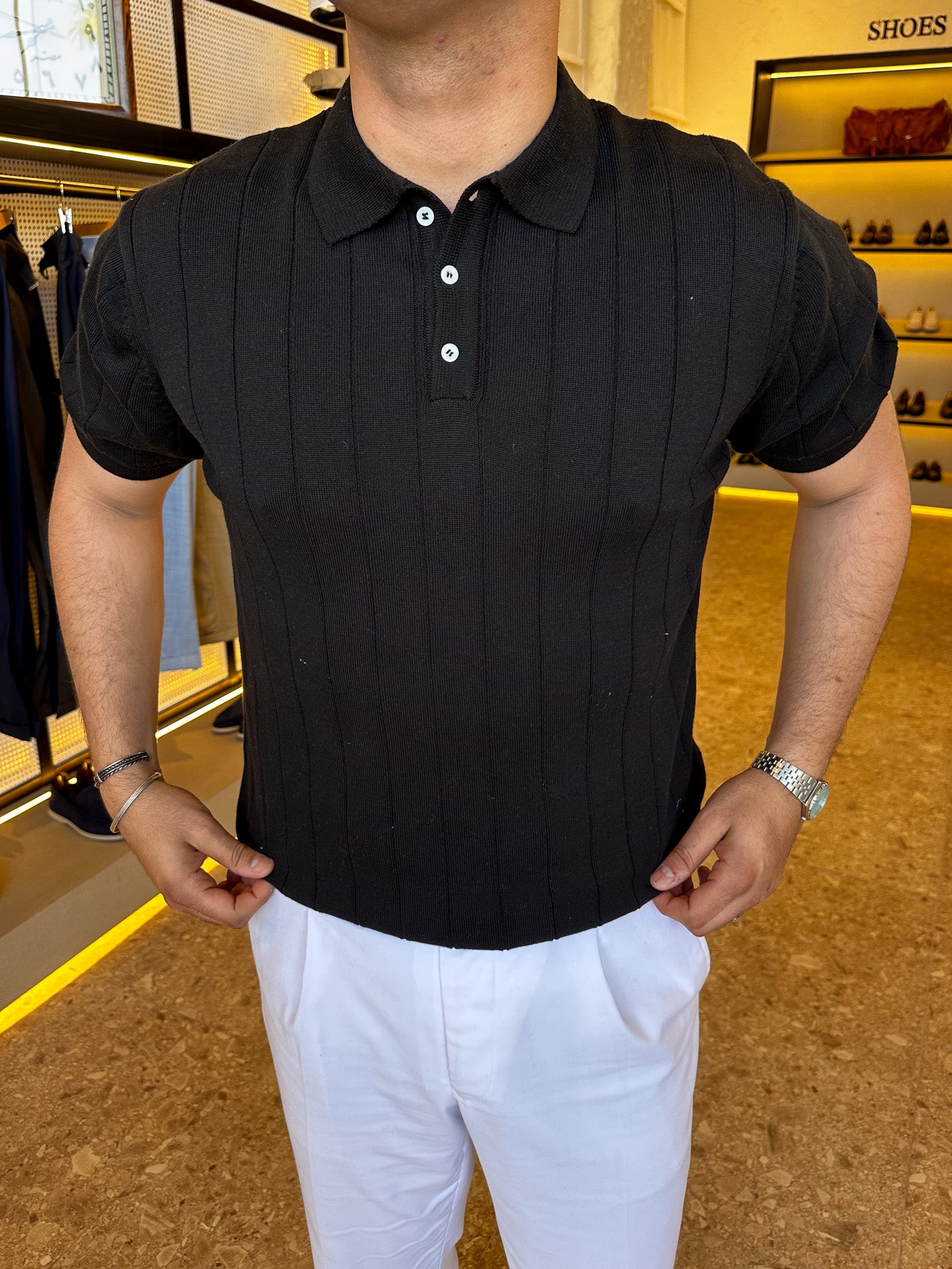 Rib polo knitwear - black